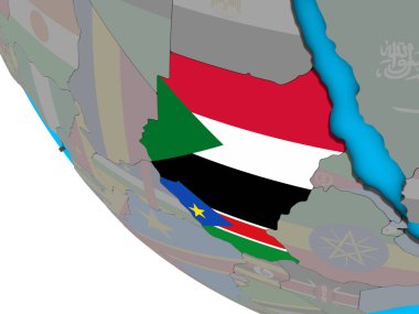 Eski Sudan basit 3d dünya üzerinde katıştırılmış ülke bayrakları ile. 3D çizim.