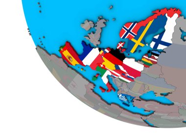 Schengen alanı üyeleri basit 3d dünya üzerinde katıştırılmış ülke bayrakları ile. 3D çizim.