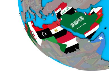 Arap Birliği basit 3d dünya üzerinde katıştırılmış ülke bayrakları ile. 3D çizim.