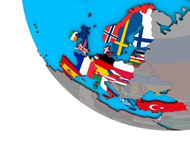 Basit 3d dünya üzerinde katıştırılmış ülke bayrakları ile OECD Avrupa ülkeleri. 3D çizim.