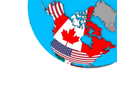 NAFTA ülkeleri basit 3d dünya üzerinde katıştırılmış ülke bayrakları ile. 3D çizim.