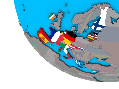 Avro bölgesi ülkelerinin basit 3d dünya üzerinde katıştırılmış ülke bayrakları ile. 3D çizim.
