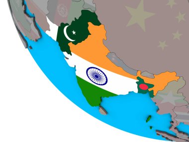 Britanya Hindistanı basit 3d dünya üzerinde katıştırılmış ülke bayrakları ile. 3D çizim.