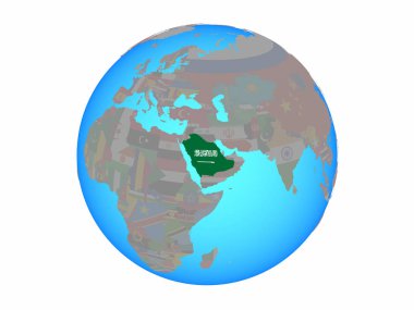 Suudi Arabistan ile ulusal bayrak mavi siyasi dünya üzerinde. 3d illüstrasyon izole beyaz arka plan üzerinde.