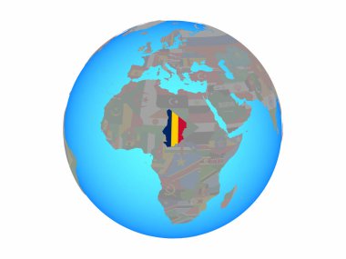 Chad ile ulusal bayrak mavi siyasi dünya üzerinde. 3d illüstrasyon izole beyaz arka plan üzerinde.