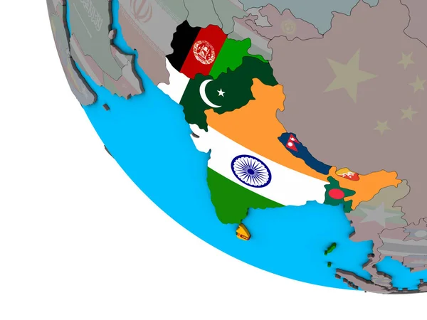 Saarc Memeber States Mit Eingebetteten Nationalflaggen Auf Einem Einfachen Globus — Stockfoto