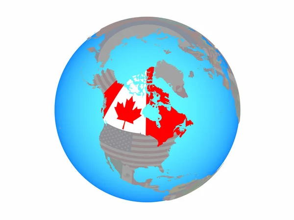 Canada Met Nationale Vlag Blauwe Politieke Wereldbol Illustratie Geïsoleerd Witte — Stockfoto