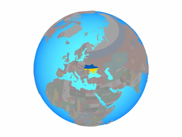 Украина Национальным Флагом Голубом Политическом Глобусе Иллюстрация Белом Фоне — стоковое фото