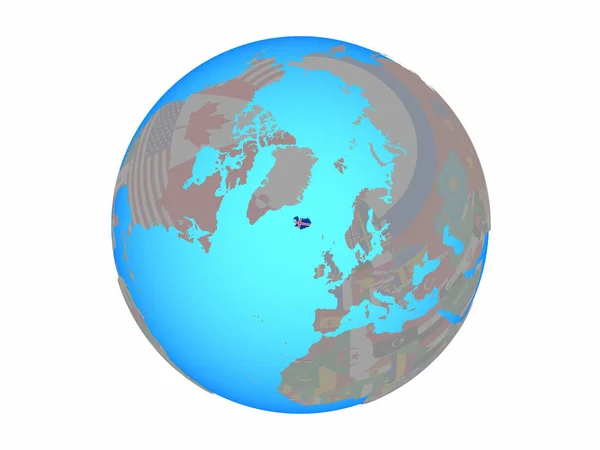 冰岛与国旗在蓝色政治地球 例证查出在白色背景 — 图库照片