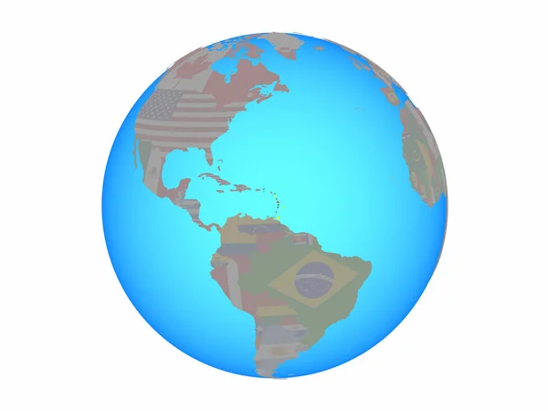 加勒比与国旗在蓝色政治地球 例证查出在白色背景 — 图库照片