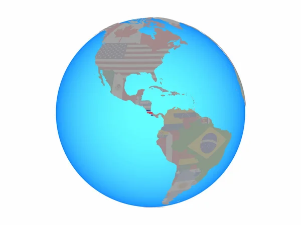 Costa Rica National Flag Blue Political Globe Illustration Isolated White — Stock Photo, Image