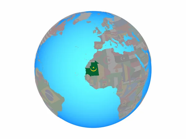 Mauretánie Národní Vlajkou Modré Politické Zeměkouli Ilustrace Izolované Bílém Pozadí — Stock fotografie