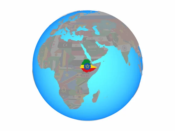 Ethiopië Met Nationale Vlag Blauwe Politieke Wereldbol Illustratie Geïsoleerd Witte — Stockfoto