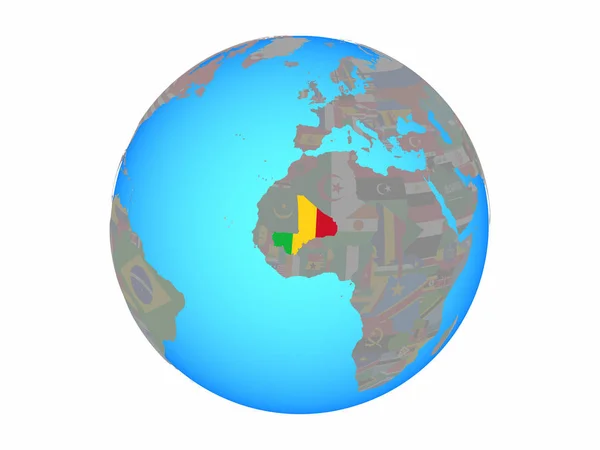 Мали Государственным Флагом Голубом Политическом Глобусе Иллюстрация Белом Фоне — стоковое фото