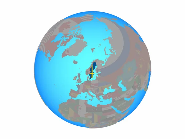 Sweden National Flag Blue Political Globe Illustration Isolated White Background — Stock Photo, Image