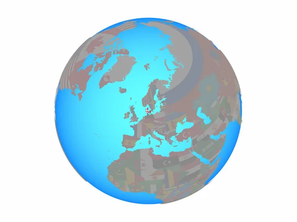 Denemarken Met Nationale Vlag Blauwe Politieke Wereldbol Illustratie Geïsoleerd Witte — Stockfoto