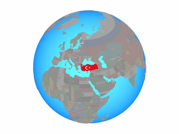 Turkey National Flag Blue Political Globe Illustration Isolated White Background — Stock Photo, Image