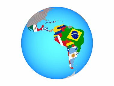 Mavi siyasi dünya Ulusal bayrakları ile Latin Amerika. 3d illüstrasyon izole beyaz arka plan üzerinde.