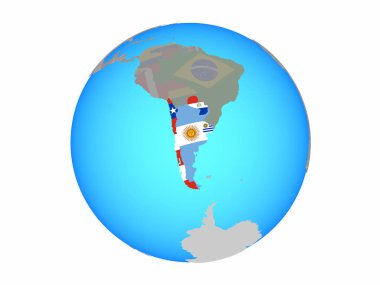 Southern Cone mavi siyasi dünya Ulusal bayrakları ile. 3d illüstrasyon izole beyaz arka plan üzerinde.