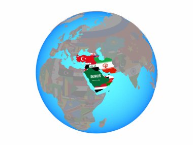 Batı Asya mavi siyasi dünya Ulusal bayrakları ile. 3d illüstrasyon izole beyaz arka plan üzerinde.