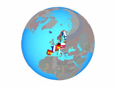 Schengen alanı üyeleri mavi siyasi dünya Ulusal bayrakları ile. 3d illüstrasyon izole beyaz arka plan üzerinde.