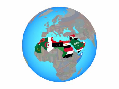 Arap Birliği mavi siyasi dünya Ulusal bayrakları ile. 3d illüstrasyon izole beyaz arka plan üzerinde.