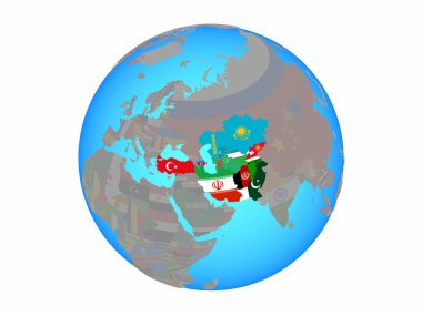 Eko üye devletler mavi siyasi dünya Ulusal bayrakları ile. 3d illüstrasyon izole beyaz arka plan üzerinde.