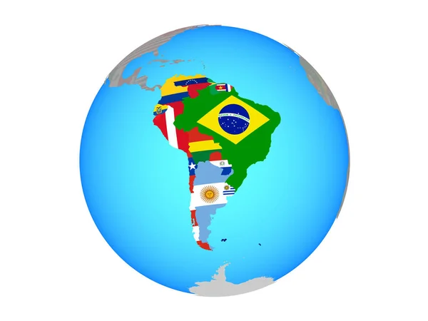 Jižní Ameriky Státní Vlajky Modré Politické Globe Ilustrace Izolované Bílém — Stock fotografie