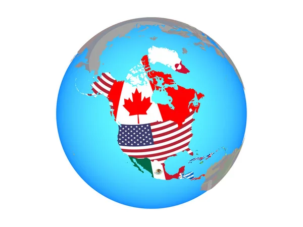 Nordamerika Med Nationsflaggor Blå Politiska Jordglob Illustration Isolerade Vit Bakgrund — Stockfoto