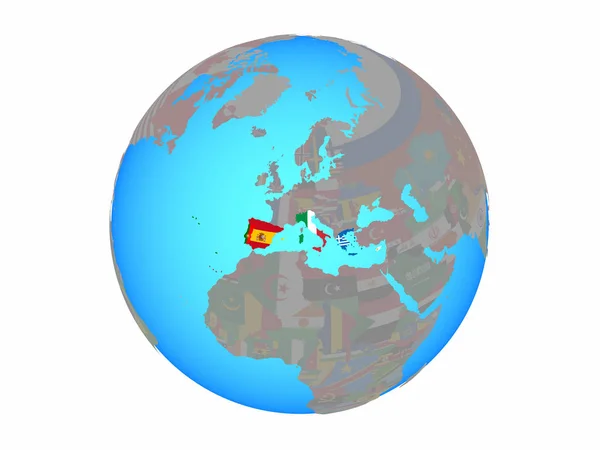 Southern Europe National Flags Blue Political Globe Illustration Isolated White — Stock Photo, Image