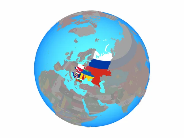 东欧与国旗在蓝色政治地球 例证查出在白色背景 — 图库照片