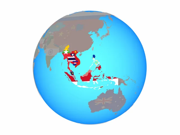 Südostasien Mit Nationalflaggen Auf Blauem Politischen Globus Illustration Isoliert Auf — Stockfoto