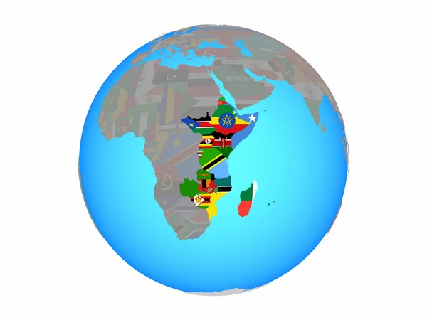 África Oriental Con Banderas Nacionales Globo Político Azul Ilustración Aislada — Foto de Stock