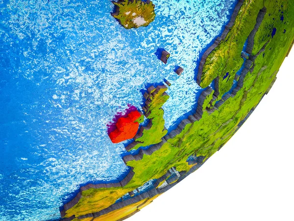 Ireland on 3D model of Earth with water and divided countries. 3D illustration.