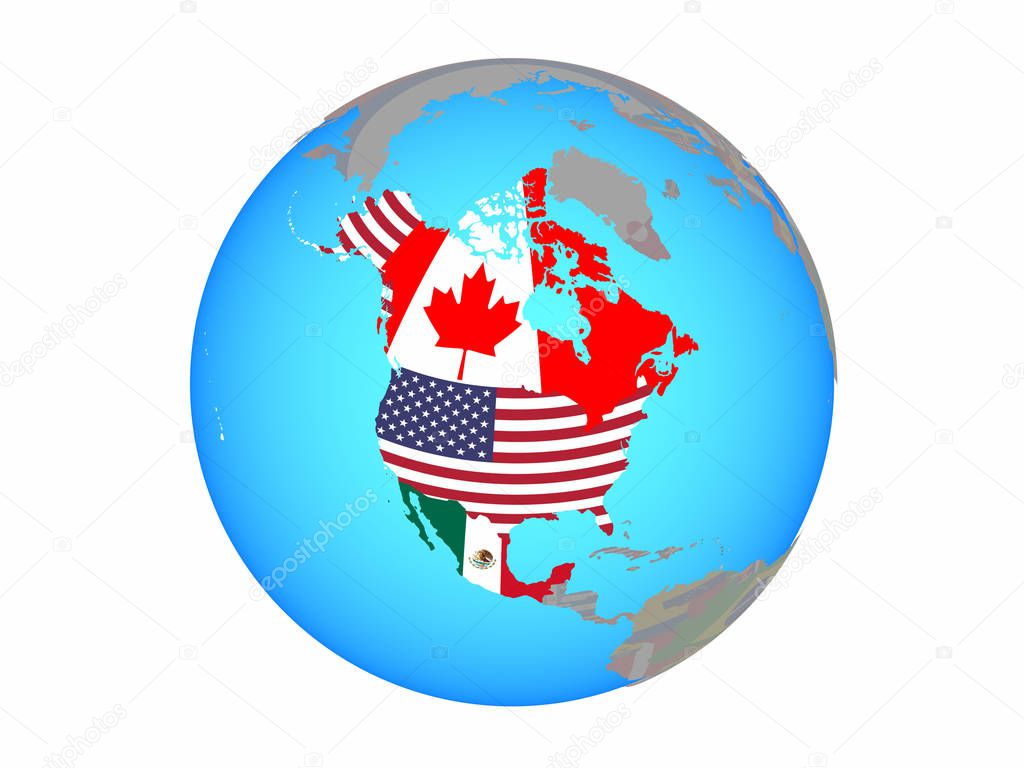 NAFTA memeber states with national flags on blue political globe. 3D illustration isolated on white background.