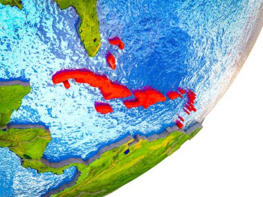 Dünya'nın 3d modelle su ve bölünmüş ülkelerde Karayipler. 3D çizim.