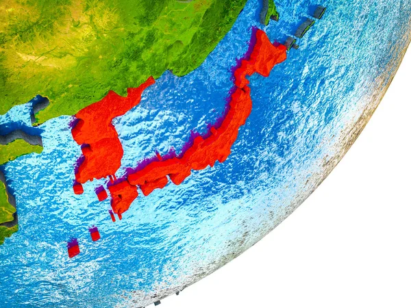 Japan and Korea on 3D model of Earth with water and divided countries. 3D illustration.