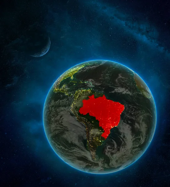 Brazil from space on Earth at night surrounded by space with Moon and Milky Way. Detailed planet with city lights and clouds. 3D illustration. Elements of this image furnished by NASA.