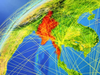 Myanmar modeli bir uluslararası ağları ile dünya gezegeni. Dijital iletişim ve teknoloji kavramı. 3D çizim. Nasa tarafından döşenmiş bu görüntü unsurları.