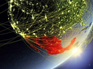 Meksika modeli bir gündoğumu sırasında ağ ile dünya gezegeni. Yeni teknoloji, iletişim ve seyahat kavramı. 3D çizim. Nasa tarafından döşenmiş bu görüntü unsurları.