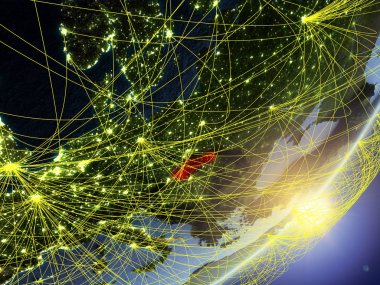 Slovakya modeli bir gündoğumu sırasında ağ ile dünya gezegeni. Yeni teknoloji, iletişim ve seyahat kavramı. 3D çizim. Nasa tarafından döşenmiş bu görüntü unsurları.