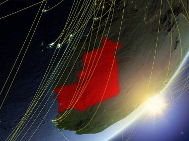 Moritanya modeli bir gündoğumu sırasında ağ ile dünya gezegeni. Yeni teknoloji, iletişim ve seyahat kavramı. 3D çizim. Nasa tarafından döşenmiş bu görüntü unsurları.