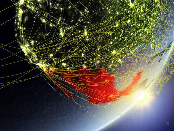 Мексика на модели планеты Земля с сетью во время восхода солнца. Концепция новых технологий, связи и путешествий. 3D иллюстрация. Элементы этого изображения предоставлены НАСА
.