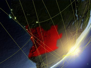 Angola modeli bir gündoğumu sırasında ağ ile dünya gezegeni. Yeni teknoloji, iletişim ve seyahat kavramı. 3D çizim. Nasa tarafından döşenmiş bu görüntü unsurları.