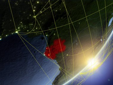 Gabon modeli bir gündoğumu sırasında ağ ile dünya gezegeni. Yeni teknoloji, iletişim ve seyahat kavramı. 3D çizim. Nasa tarafından döşenmiş bu görüntü unsurları.