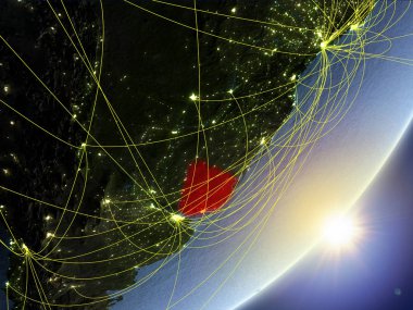 Uruguay modeli bir gündoğumu sırasında ağ ile dünya gezegeni. Yeni teknoloji, iletişim ve seyahat kavramı. 3D çizim. Nasa tarafından döşenmiş bu görüntü unsurları.