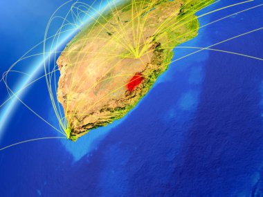 Lesotho modeli bir uluslararası ağları ile dünya gezegeni. Dijital iletişim ve teknoloji kavramı. 3D çizim. Nasa tarafından döşenmiş bu görüntü unsurları.