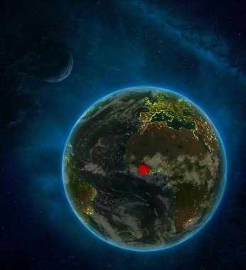 Fildişi Sahili yer ay ve Samanyolu ile çevrili gece dünyanın uzaydan. Şehir ışıkları ve bulutlar detaylı gezegen. 3D çizim. Nasa tarafından döşenmiş bu görüntü unsurları.