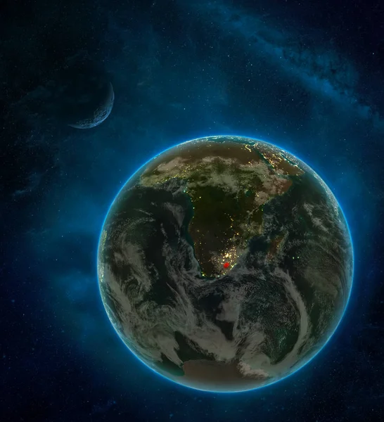 Лесото Космоса Земле Ночью Окружении Космоса Луной Млечным Путем Подробная — стоковое фото