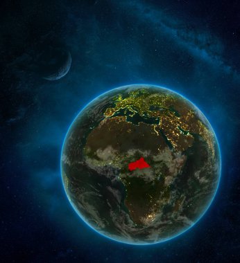 Orta Afrika alan ay ve Samanyolu ile çevrili gece dünyanın uzaydan. Şehir ışıkları ve bulutlar detaylı gezegen. 3D çizim. Nasa tarafından döşenmiş bu görüntü unsurları.